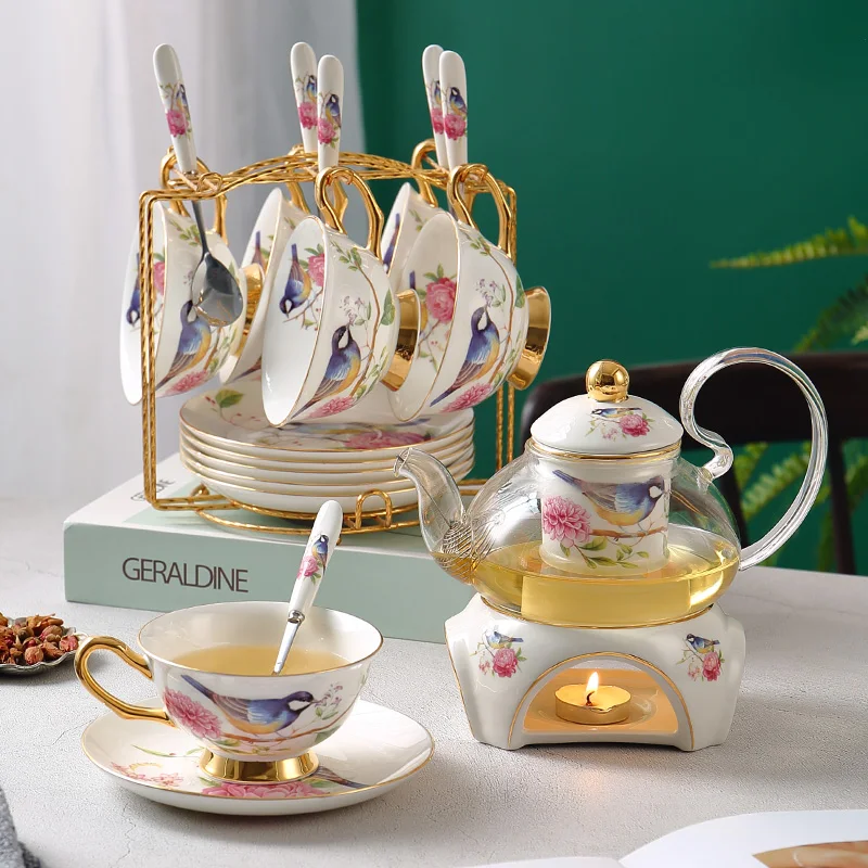 

Pastoral Bird Bone China Tea Set Ceramic Tea Cup Pot with Candler Strainer Floral Glass Teapot Set Ceremony Teaware Teacup