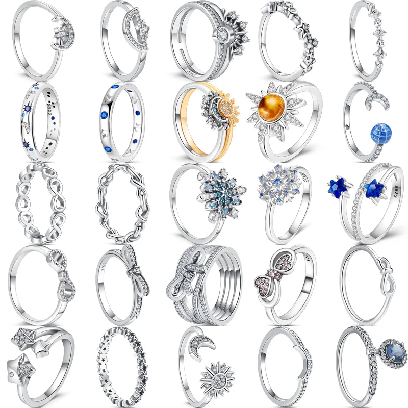 

Pantaro 100% 925 Sterling Silver Blue Snowflakes Stars Moon Sun Bowknot Zircon Fine Rings Original Sparkling Jewelry Women Gift