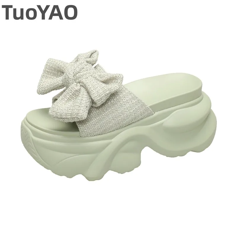 

Big Bowknot Wedge Flip Flops for Women Summer New 2024 Platform Non Slip Sandals Woman Thick Sole 9CM Heels Beach Slide Slippers