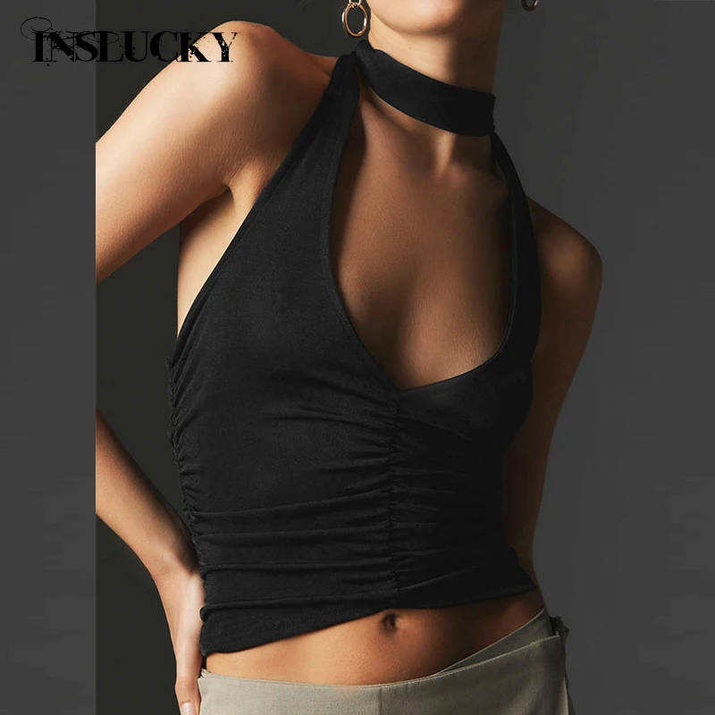 

InsLucky Sexy Halter Neck Cropped Top Women Tank Sleeveless Folds Backless Camis Casual Office Lady Elegant Basic Vest Summer