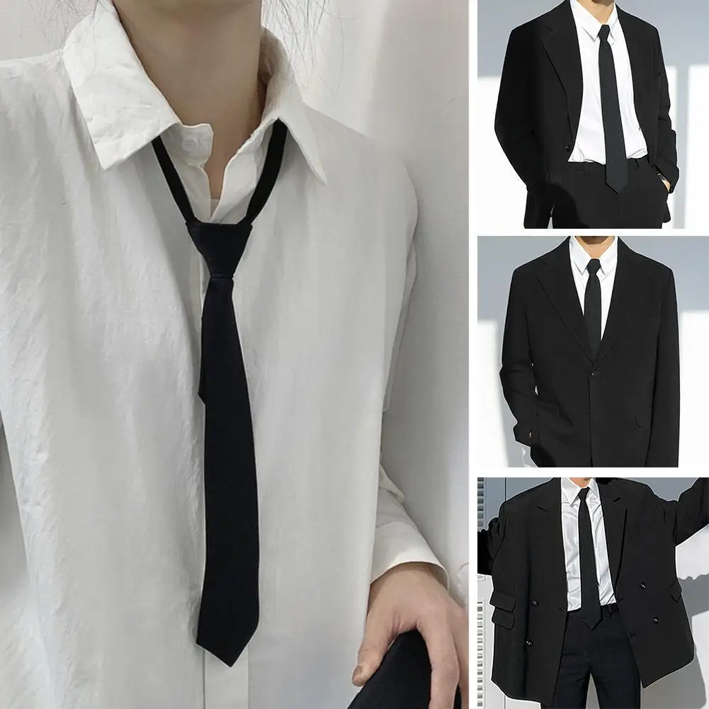 

1PC Ties Student Retro Black Solid Silky Narrow Neck Tie Slim Smooth Women Zipper Necktie Casual Elegant All-match Trendy Unisex
