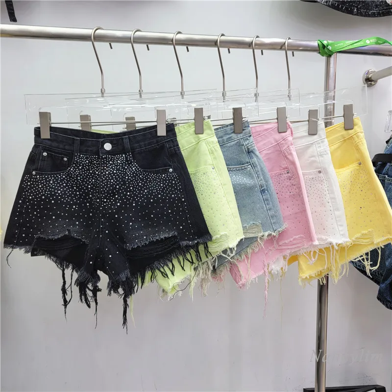 

Women's Ripped Denim Shorts Summer 2024 New High Waist Slimming Colorful Rhinestone Wide Leg Hot Pants Street Shorts