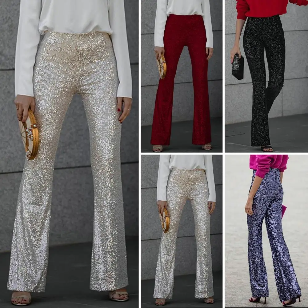 

Women Elegant Wide-leg Pants Sequin Decorated High Waist Flared Pants for Women Slim Fit Long Trousers with Elastic for Parties