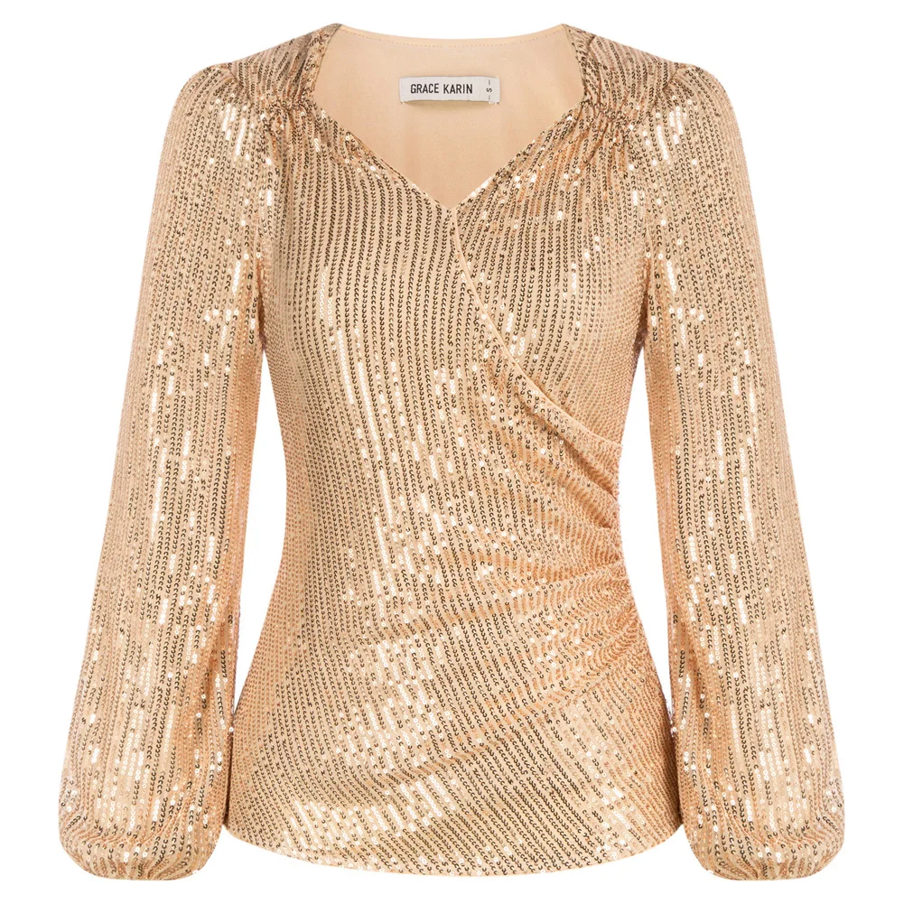 GRACE KARIN Women Sequined Party Tops Long Sleeve Square V-Neck Ruched T-shirt Elegant Lady Shimmer Glitter Slim Fit Blouse A30
GRACE KARIN Women Sequined Party Tops Long Sleeve Square V-Neck Ruched T-shirt Elegant Lady Shimmer Glitter Slim Fit Blouse A30