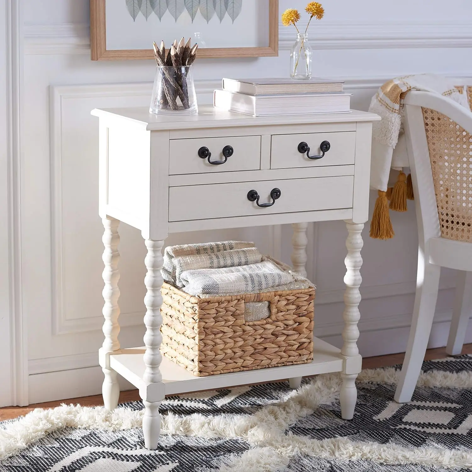 

Home Collection Athena Distressed White 3-Drawer Console Table