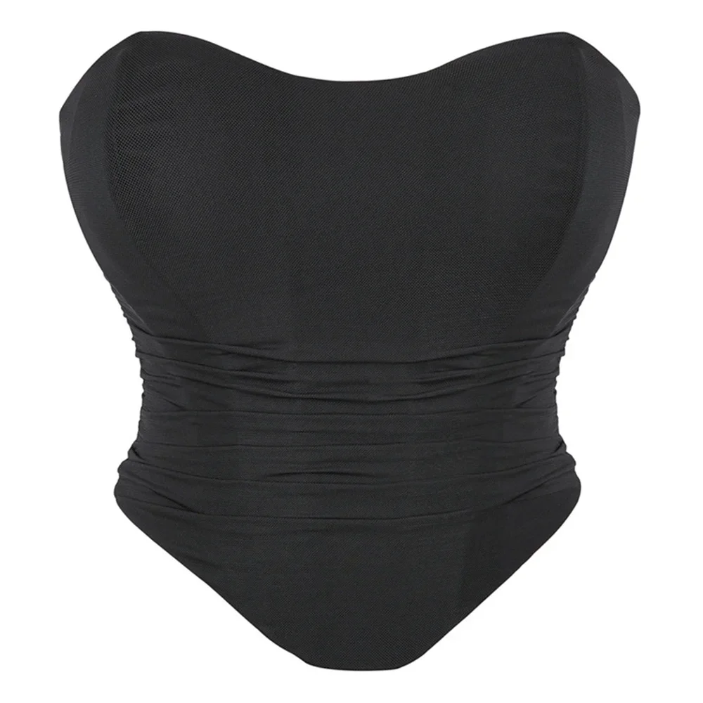 

Black 12 Plastic Bone Breathable Mesh Corset Crop Top Sexy Strapless Simple Lace Up Overbust Bustier Corselet For Women