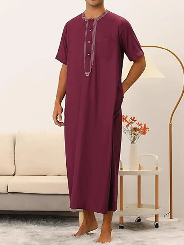 

Muslim Men's Short Sleeved Arabic Robes Dubai Turkey Islamic Daily Casual Clothing Summer Fashionable Loose Arab Wine Red Abayas