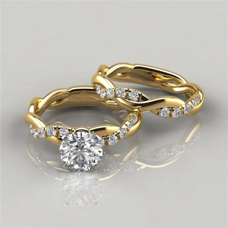 

Exquisite Gold Color Fashion Rings for Women Classic Inlaid Zircon Stones Wedding Rings Set Bridal Engagement Jewelry