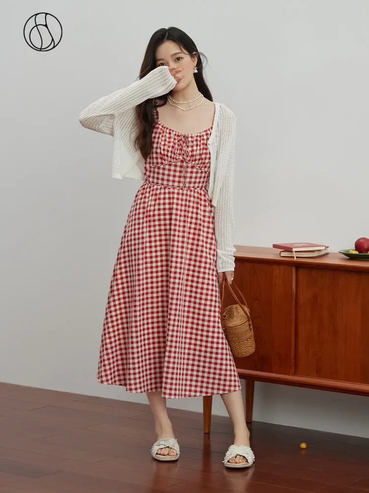 

DUSHU Sweet Girl Holiday Style Strap Red Plaid Summer Dress for Women Retro Sense Suspender Mid-length Slim Thin Dress Female