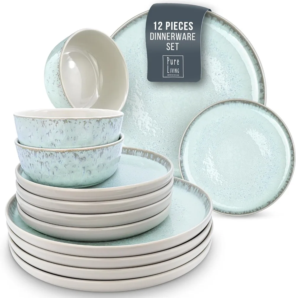 

12 Piece Dinnerware Sets for 4 - Modern Style Stoneware Dinnerware Set - Scratch Resistant, Dishwasher, Microwave Safe Plates