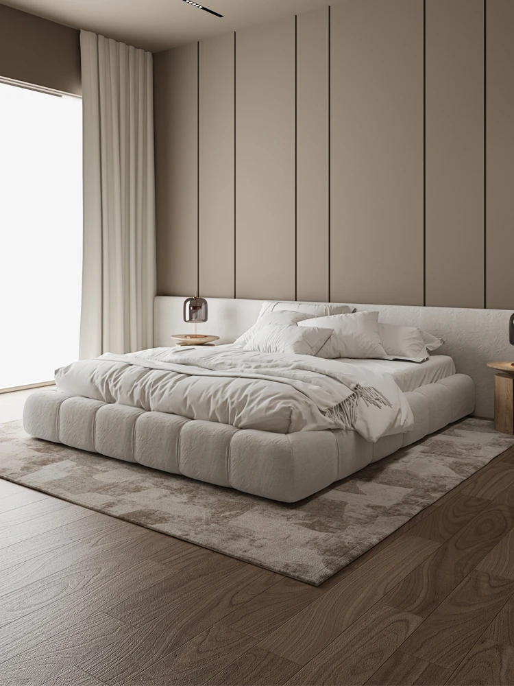 

Modern minimalist headless fabric bed, Nordic master bedroom, floor to floor, backless lamb flannel