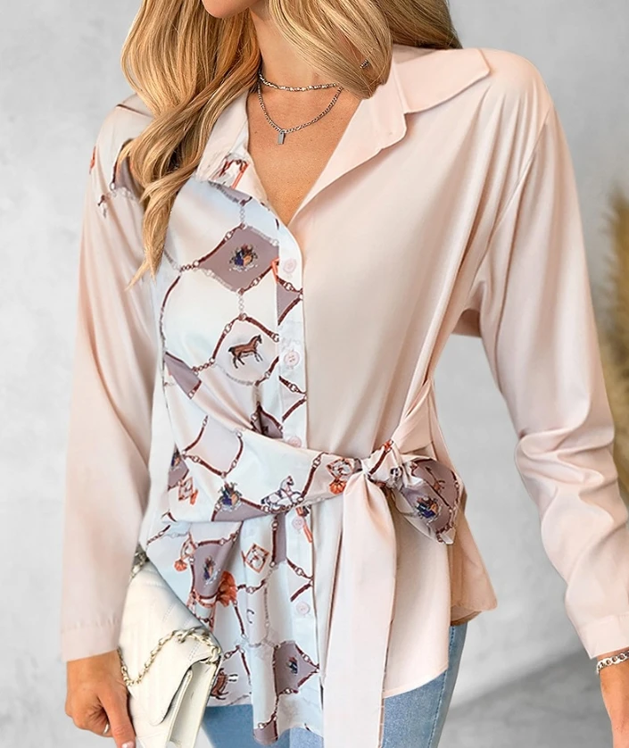 

Fashion Woman Blouse 2024 Spring Geometric Animal Print Buttoned Tied Detail Casual Turn-Down Collar Long Sleeve Daily Shirt Top