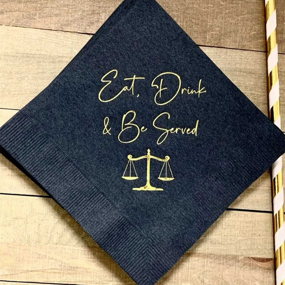 

Law School Lawyer Attorney Graduation Eat Drink & Be Served Printed Beverage Cocktail Napkins Black w/ Metallic Gold Foil SHIPS