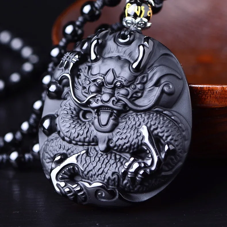 

Natural Obsidian Dragon Pendant Pixiu Necklace Charm Jewellery Fashion Hand-Carved Amulet Man Luck Gifts Sweater Chain