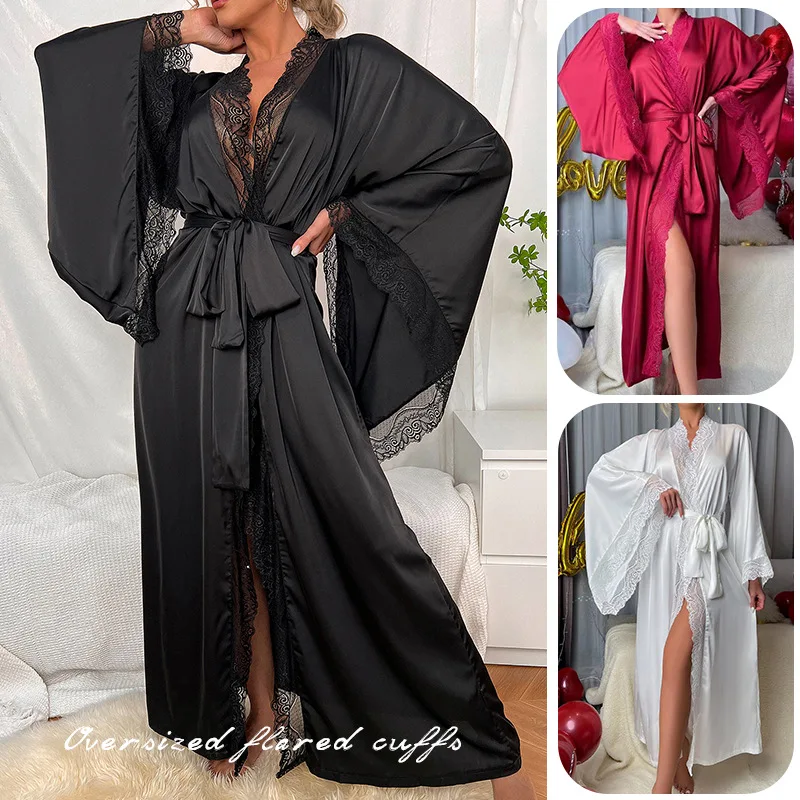 

Женская атласная шелковая ночная рубашка с длинным рукавом, кимоно, ночные рубашки для женщин, кружевное Ночное платье с V-образным вырезом, одежда для сна, мягкая и удобная ночная рубашка