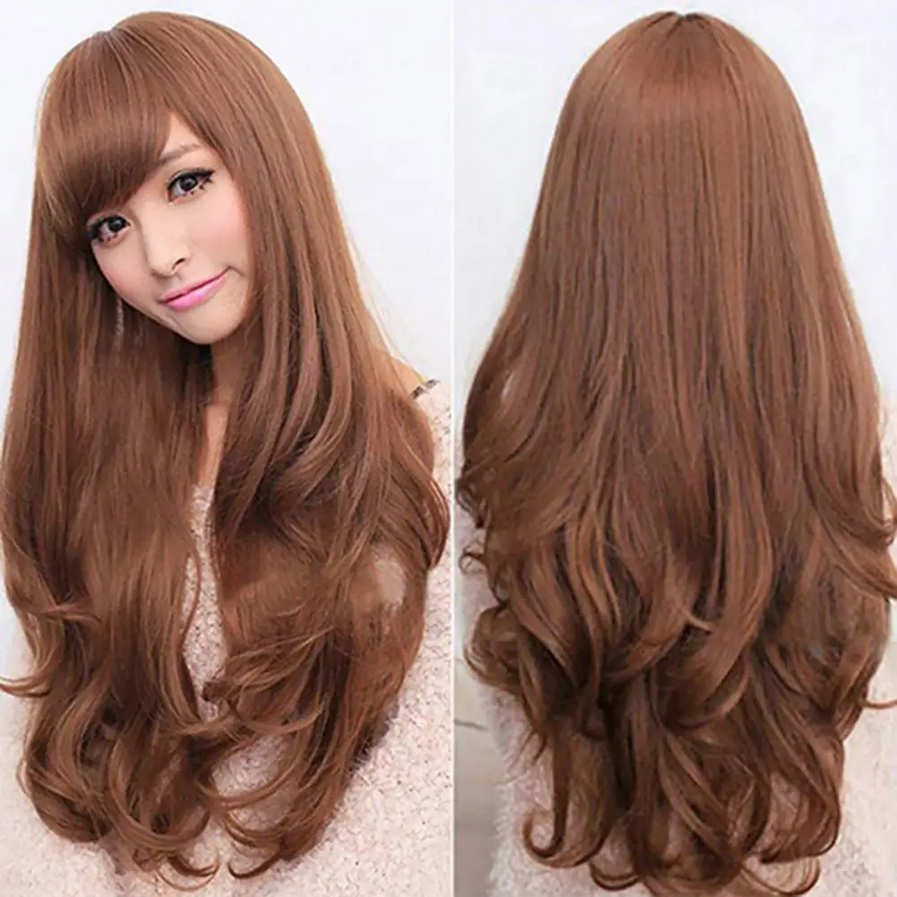 

Brown Mixed Blonde Synthetic Wigs With Bangs Long Natural Wavy Hair Wig Daily Cosplay Wigs Heat Resistant Headgear Faux Hair