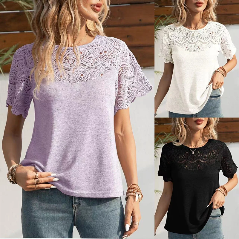 European and American ladies solid round neck lace patchwork short sleeved top T-shirt for women 
European and American ladies solid round neck lace patchwork short sleeved top T-shirt for women