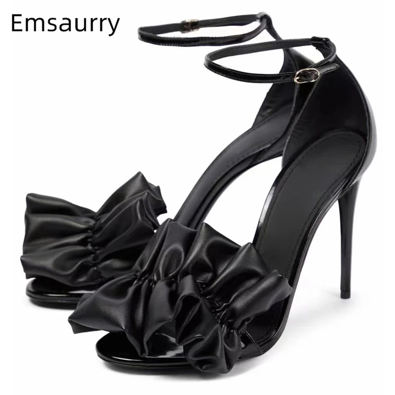 

Genuine Leather Ruffles Modern Sandals Women Luxury Patent Leather Ankle Strap Stiletto Heel Party Shoes Summer