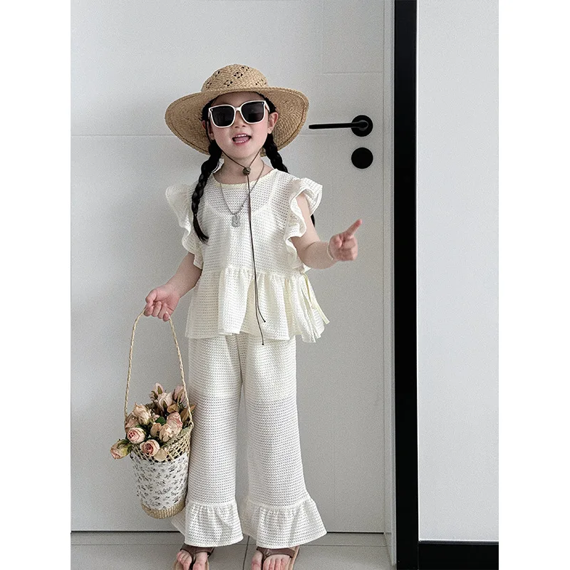 

Summer Children Girl 3PCS Clothes Set Solid Slip Tops Ruffle Sleeve Hollow Vest Loose Sweet Anti-mosquito Pant Baby Girl Outfits