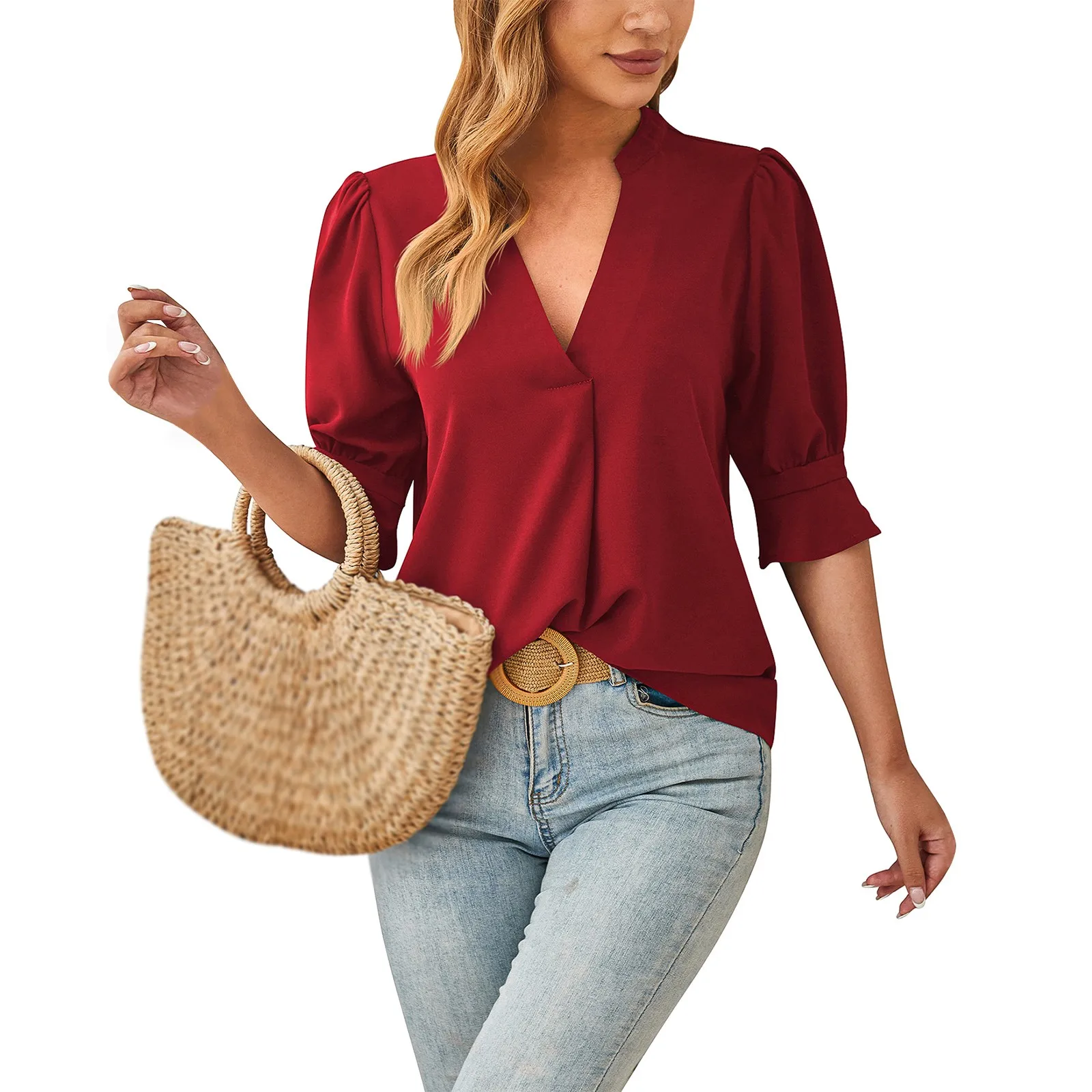 

Women'S Summer Loose Elegant Solid Color V-Neck Mid Sleeve Comfortable Breathable Fashion Casual Top Топы больших размеров