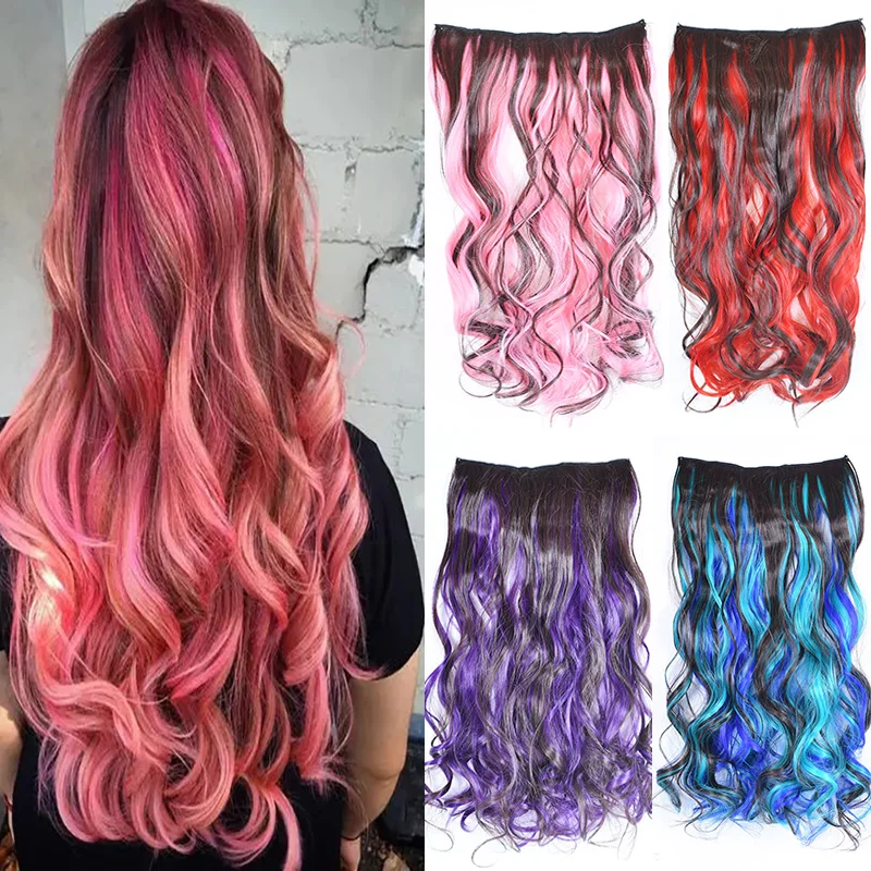 

Zolin Wavy Curly Hair Blue Pink Highlighted Piano Color One Piece 5Clips Clip In Hair Extension Synthetic Hairpieces For Woman