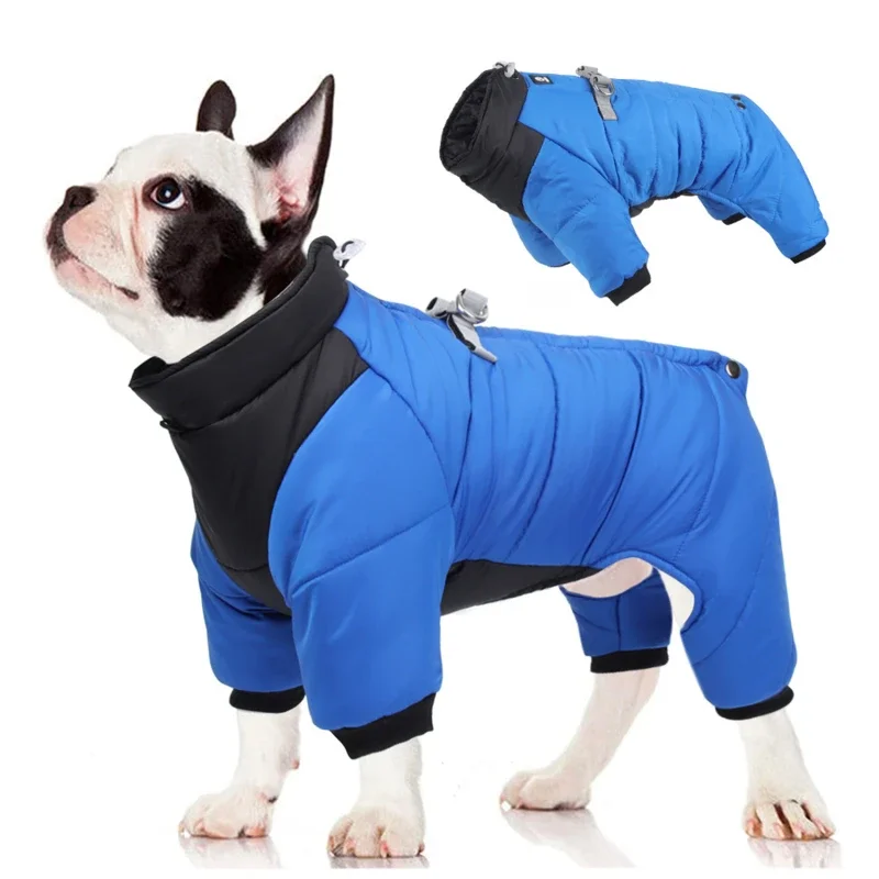 

Warm Winter Dog Jacket Reflective Four Legged Clothes Outdoor Waterproof Windproof Traction Harness Jumpsuit French Bulldog Coat
