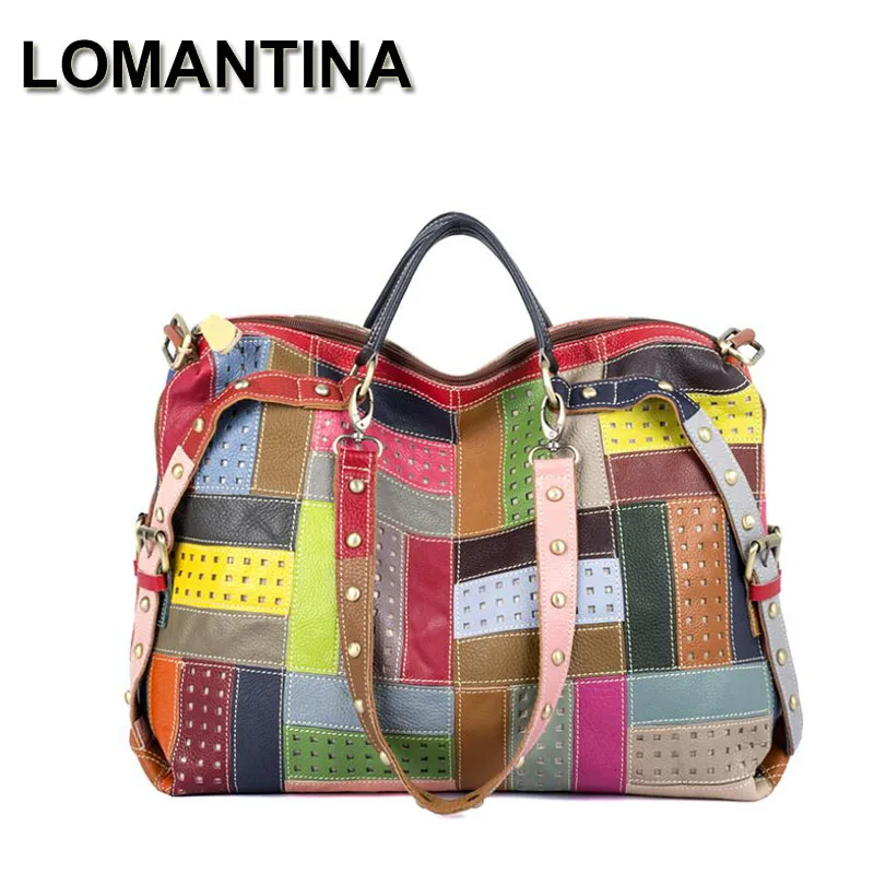 

LOMANTINA Genuine Leather Women's High Quality Casual Design Colorful Handbag Shoulder Bag Ladies Color Block Tote Large Purse