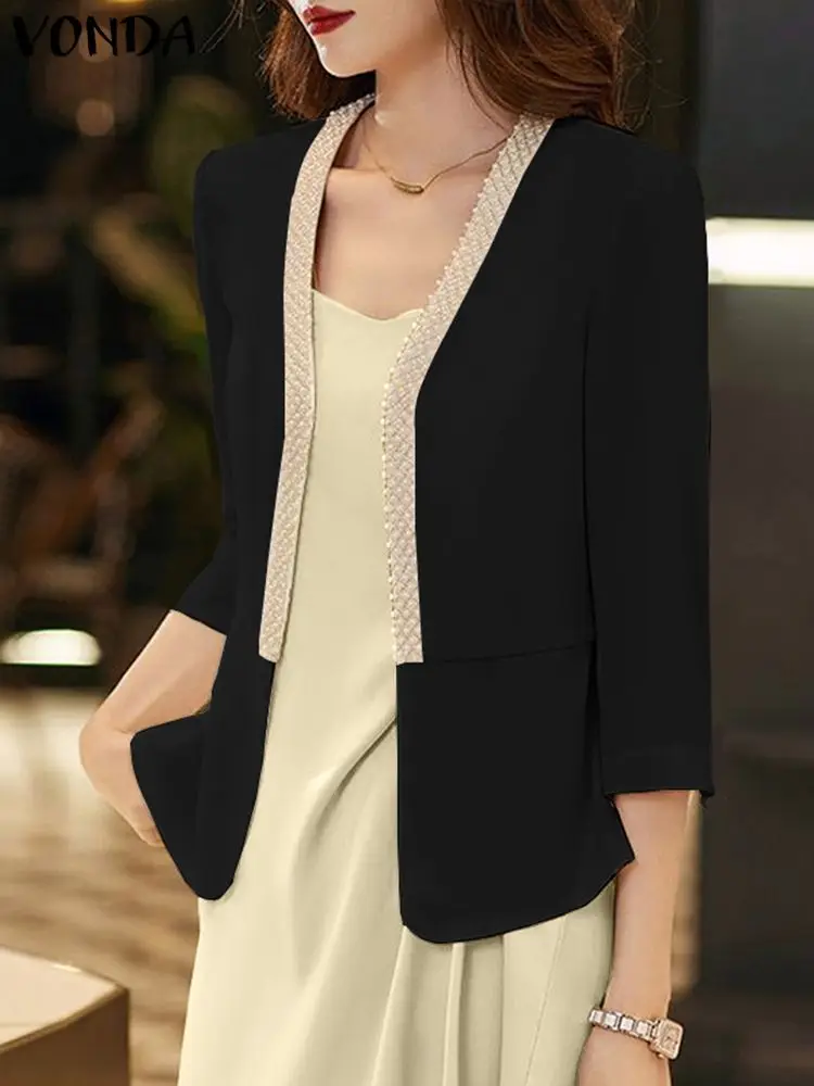 

2024 VONDA Элегантный женский офисный Блейзер, модная весенняя Повседневная Свободная верхняя одежда с рукавом 3/4, однотонные костюмы, пальто большого размера, уличная одежда