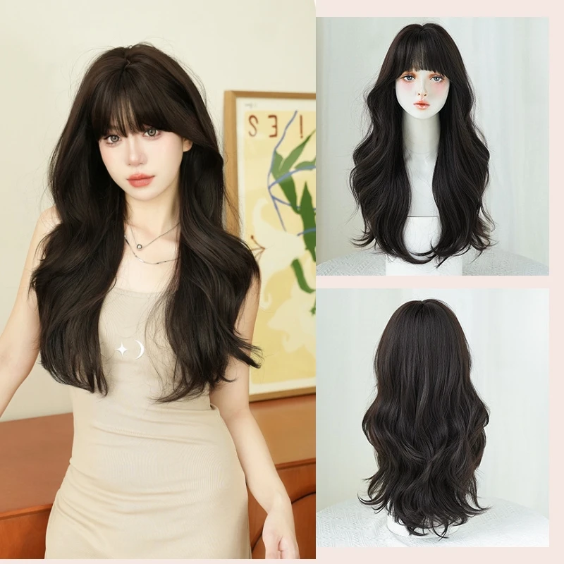 

Женский парик 68 см, длинные вьющиеся волосы, воздушная челка, черное полное покрытие головы, имитация химического волокна, пуловер, стиль, длинные волосы, ежедневный парик