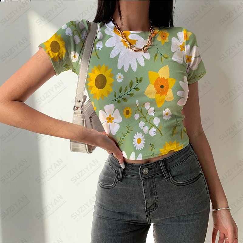 

2023 New Hot Selling Women's Round Neck Short Sleeve T-shirt Tight 3D Fragmented Print Summer Street Women's Breathable Top Sexy