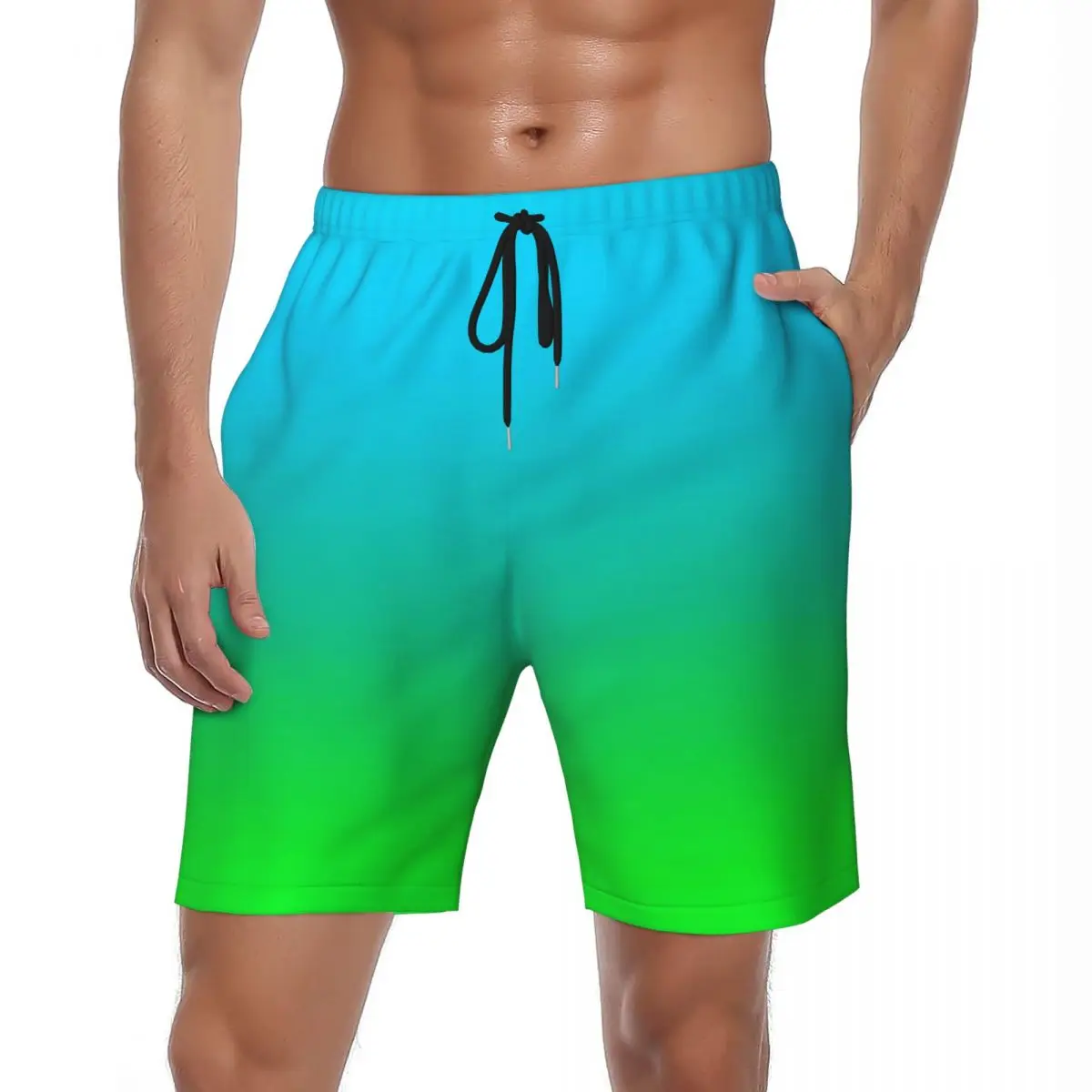 

Males Gym Shorts Blue Green Ombre Casual Swim Trunks Gradient Print Fast Dry Sportswear Trendy Plus Size Beach Shorts