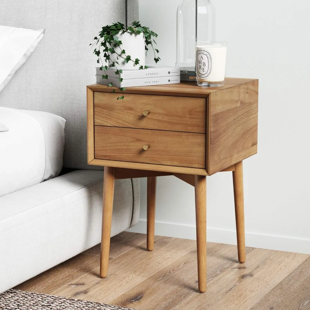 

Mid-Century Oak Wood Nightstand with 2-Drawers Side Bed Tables Small Side End Table with Storage Furniture for Room Bedside Home