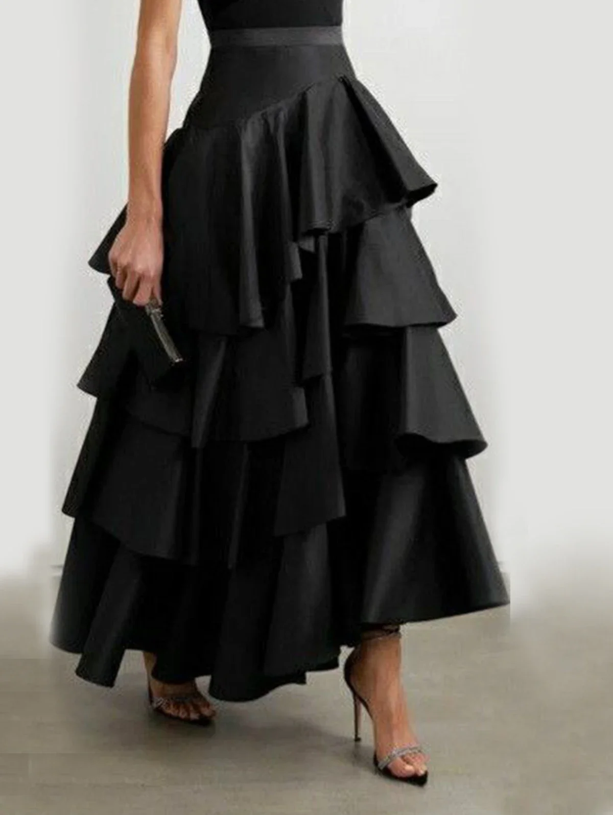 

Women A-line Skirt Multi-layered Ruffled Hem High Waisted Solid Color Skirts Spring and Summer Stylish Midi Skirt Bottoms 2024