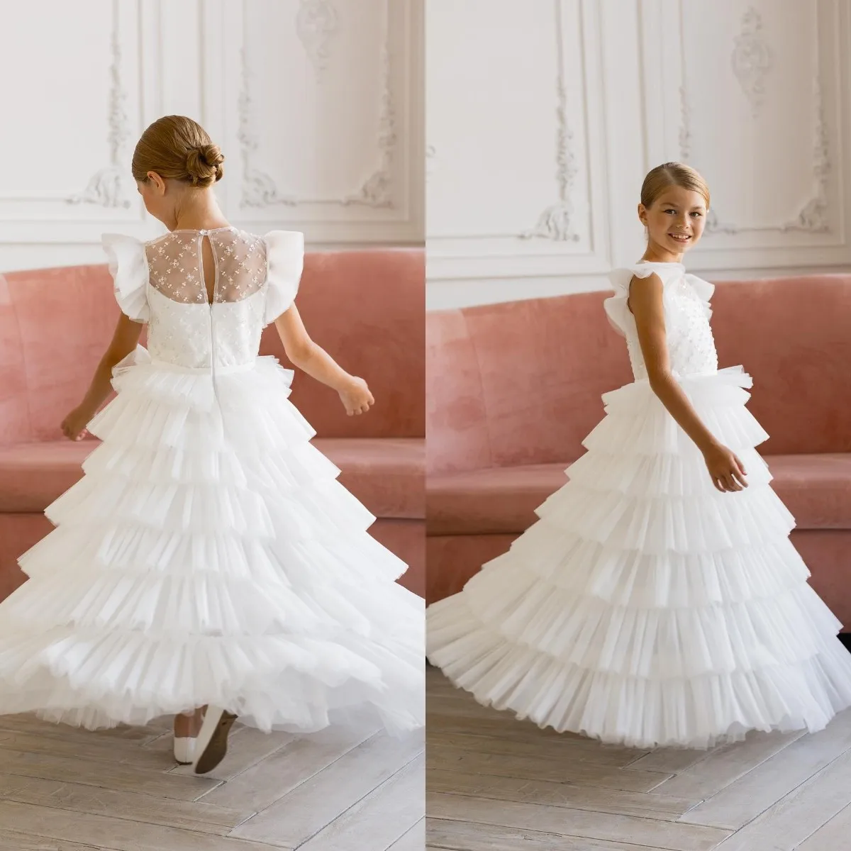 

Белое многослойное платье в стиле бохо с цветочным принтом для девочек, свадебное платье принцессы из тюля без рукавов, детское элегантное бальное платье для первого причастия, женское платье