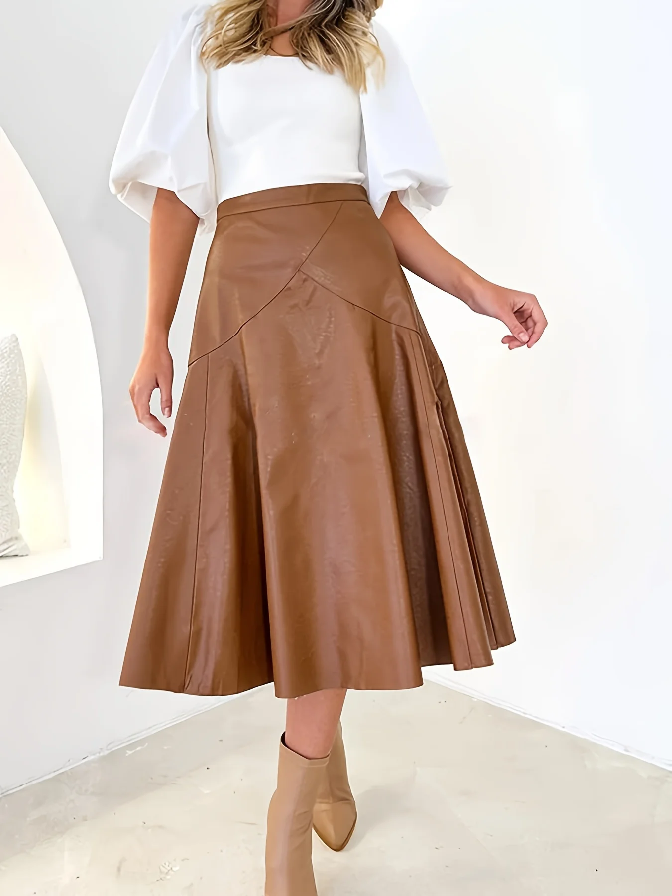 

Parara Plus Size Skirt For Women, Casual Solid PU Leather High Rise Women's Swing A-line Midi Skirts
