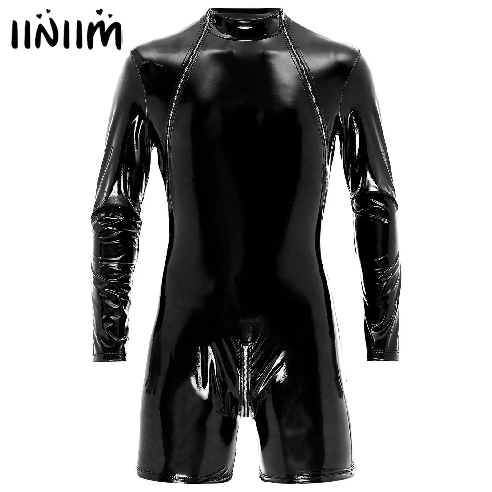 

Mens PU Leather Bodysuit Underwear Zipper Crotch Long Sleeve Wet Look Patent Leather Jumpsuit Mock Neck Leotard Catsuit Clubwear