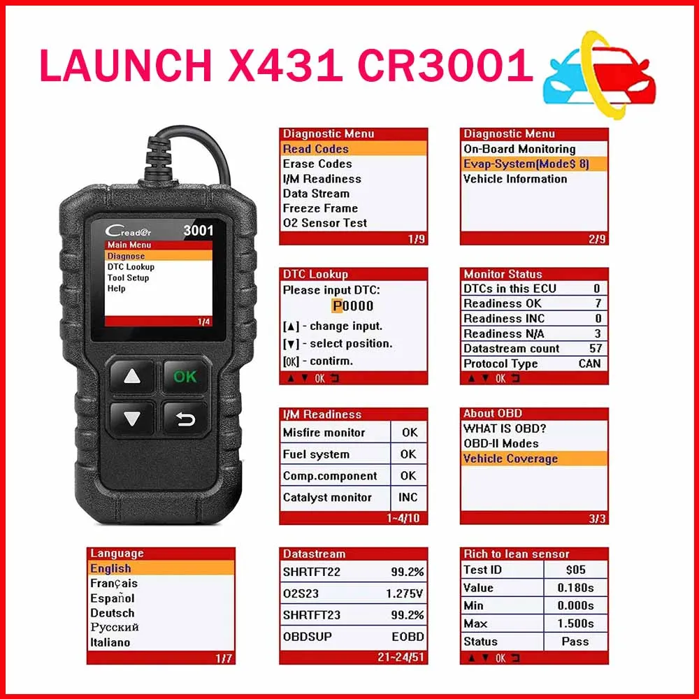 

LAUNCH X431 CR3001 Car Full OBD2 Diagnostic Tools Automotive Professional Code Reader Scanner Check Engine Free Update pk ELM327
