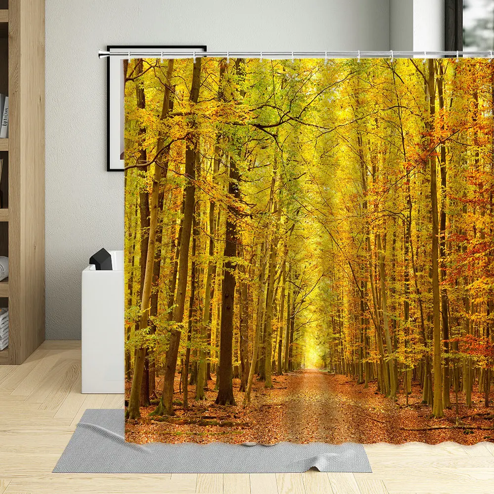 

Fall Plant Dense Forest Natural Scenery Shower Curtain Path Sunlight Inject Trees view Bathroom Home Decoration Polyester Fabric
