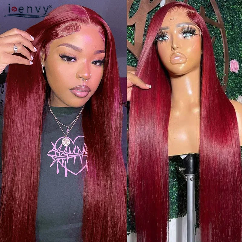 

Burgundy Cherry Red Lace Frontal Wigs 13X4 13X6 Silky Straight Human Hair Wigs Pre Plucked Transparent Hd Lace Front Wig 99J 180