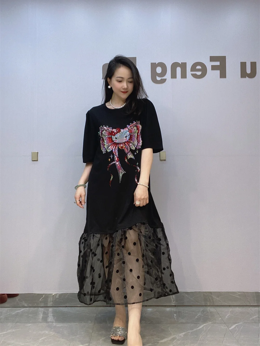 

Black Hot Diamond T Shirt Dress Split Joint Pleated Mesh False Two Piece Long Dress Sexy Summer A-line Dress Short Sleeve Loose