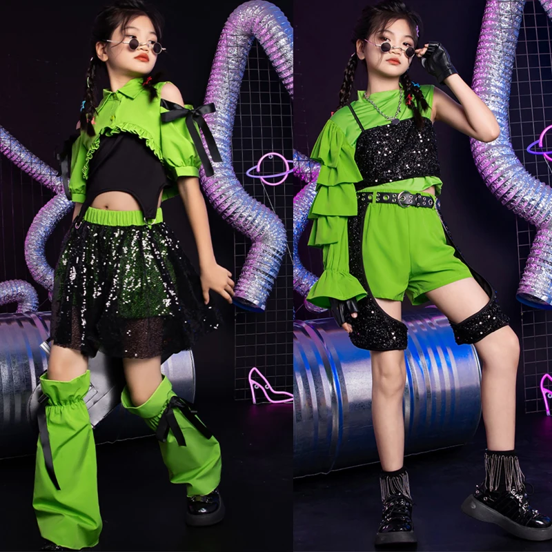 

2024 New Jazz Costumes Kpop Outfits Green Sequins Hip Hop Dance Sets Children'S Ballroom Dance Clothing Kids Street Wear XS7918