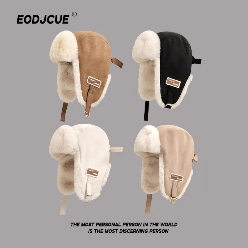 

Ins Cool Velvet Thickened Warm Pilot Hats for Women Autumn and Winter Retro Casual Suede Cycling Ear Protection Bomber Caps Men