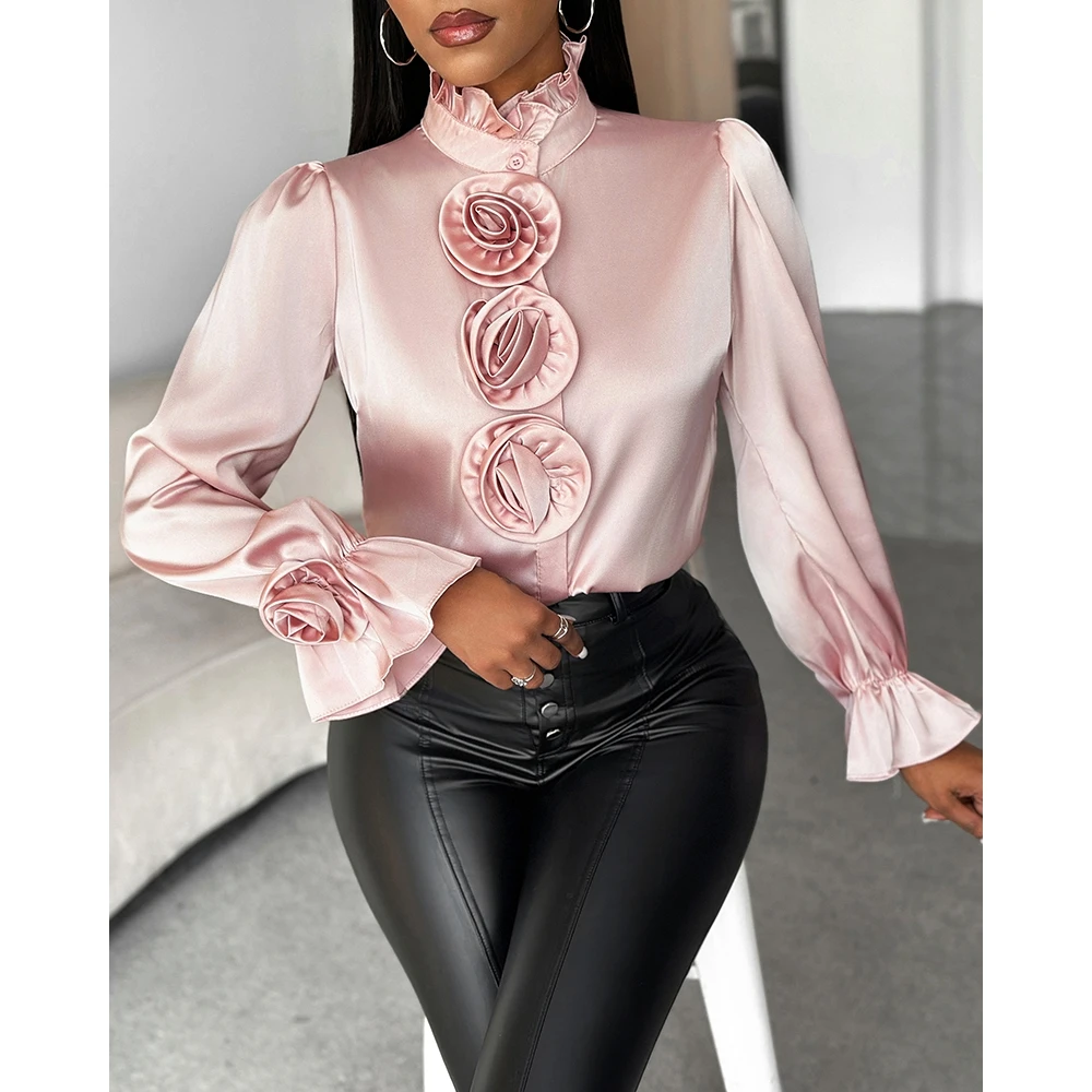 

2024 Women's Tie Rose Frill Hem Bell Sleeve Top Buttoned Design Long Sleeve Stand Collar Casual Blouse Fashion Shirts Spring