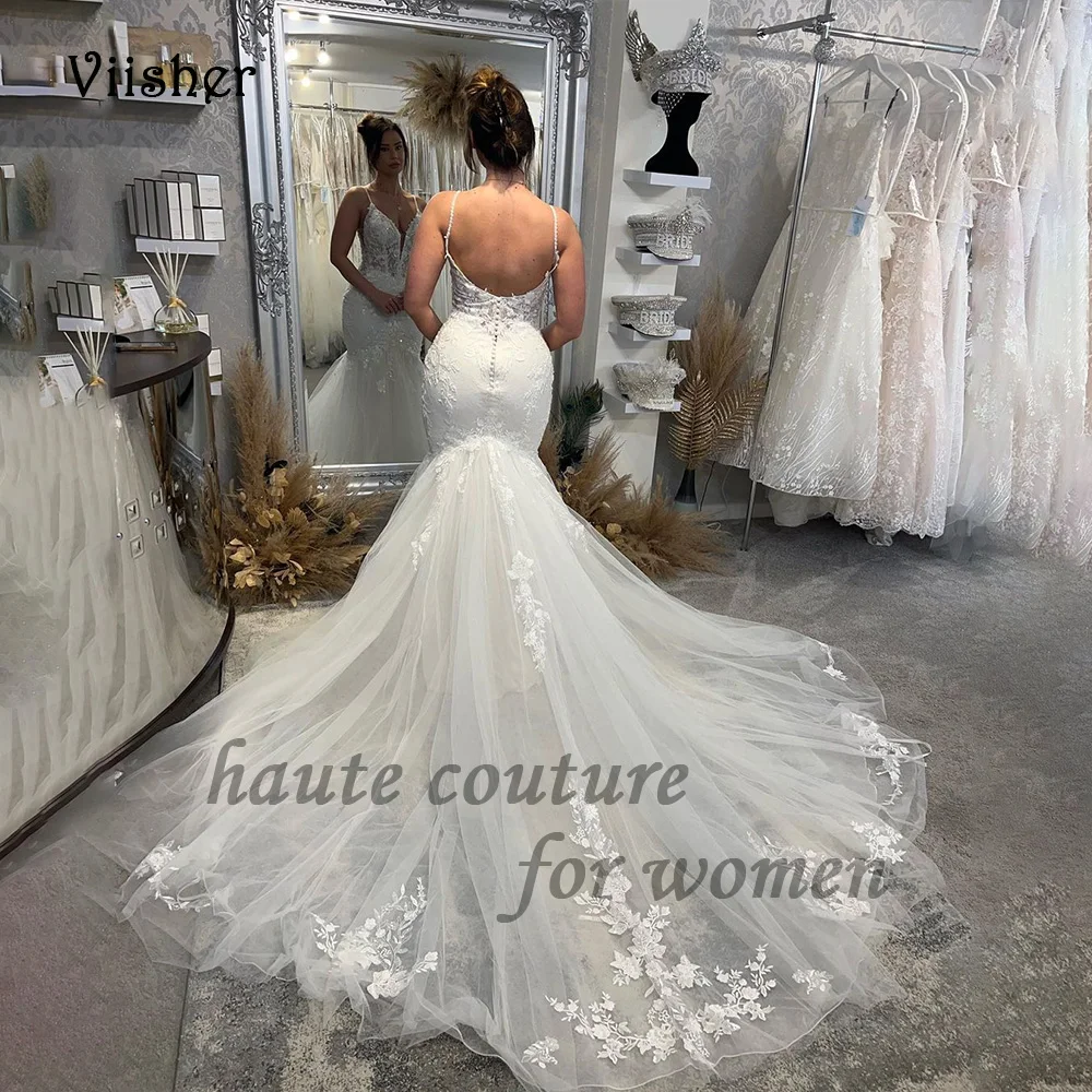 V Neck Mermaid Wedding Dresses for Bride Spaghetti Straps Lace Appliques Tulle Long Beach Bridal Gowns with Train Backless
V Neck Mermaid Wedding Dresses for Bride Spaghetti Straps Lace Appliques Tulle Long Beach Bridal Gowns with Train Backless