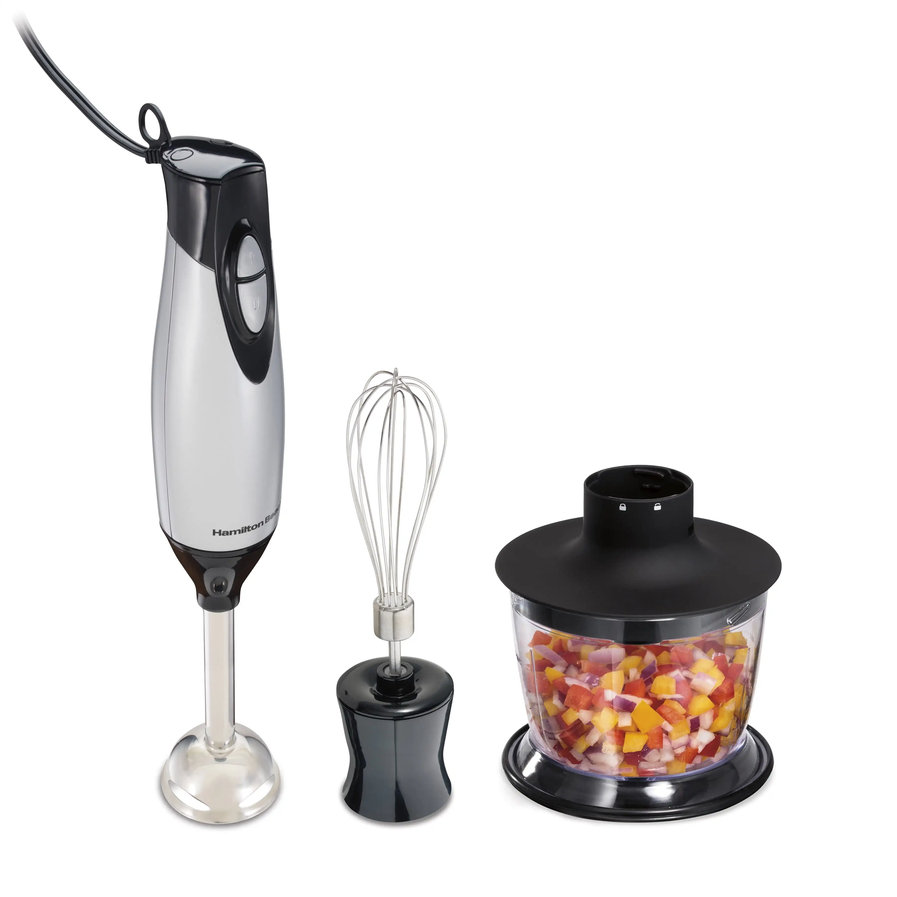 4-in-1 Electric Immersion Hand Blender with Blending Wand, Whisk, and 3 Cup Food Chopping Bowl, Silver, 59765
4-in-1 Electric Immersion Hand Blender with Blending Wand, Whisk, and 3 Cup Food Chopping Bowl, Silver, 59765