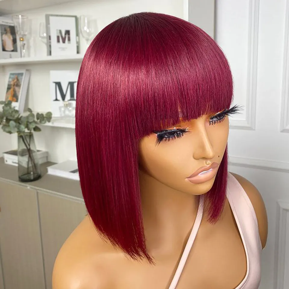 

99J Burgundy Red Short Bob Human Hair Wig With Fringe For Women Straight Remy Hair Bob Wigs With Bangs Ginger Orange Color