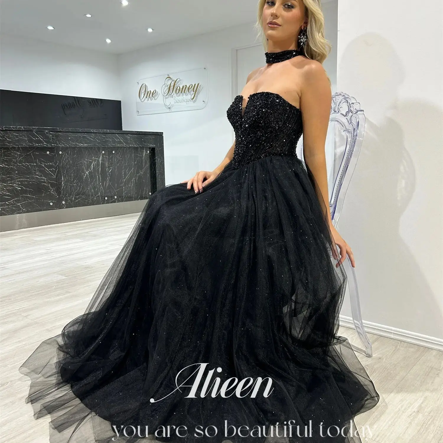 

Aileen Black Shiny Backless Sequins Ball Gowns Women's Evening Dress Luxury Formal Dresses for Special Events Galabia Wedding