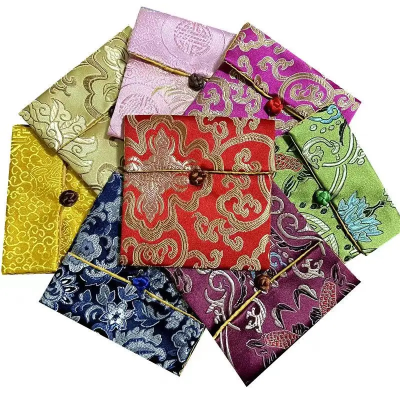 

50pcs Custom Flower Chinese Silk Brocade Gift Bags Small Satin Fabric Favor Pouches with Lined Jewelry Packaging Bags