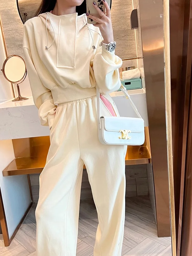 

Spring Autumn Sport Style Two Piece Set Women Cute Sweet Tracksuits Outfits Long Sleeve Cropped Hoodies+High Waist Pants Female