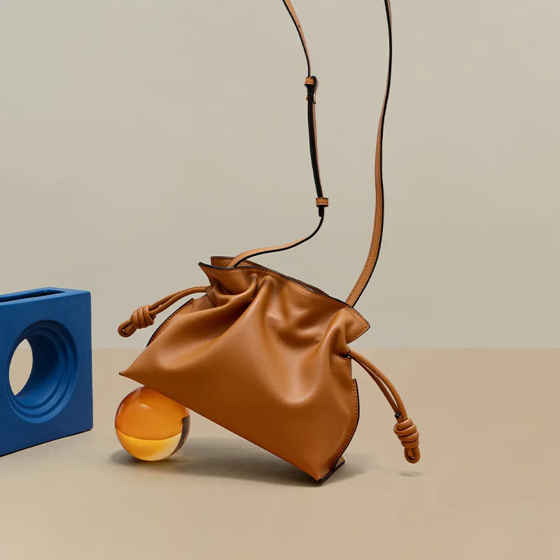 

New Leather Small Blessing Bag Womens Bag Fashion Simple Zhiya Single Shoulder Crossbody Bucket Bag Cowhide Drawstring Small Bag